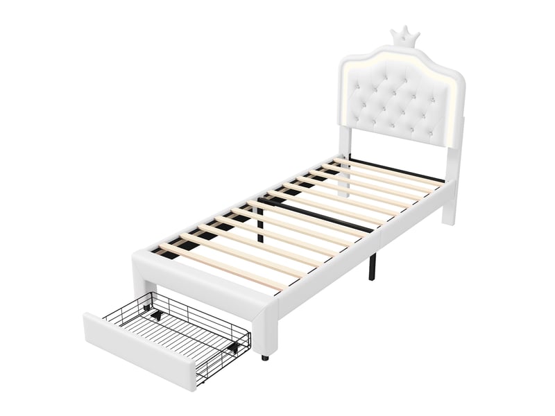  Lit simple 90x200, lit enfant, éclairage led et tiroir de rangement,  tête de lit couronne ajustable, style moderne, blanc  - Conforama A