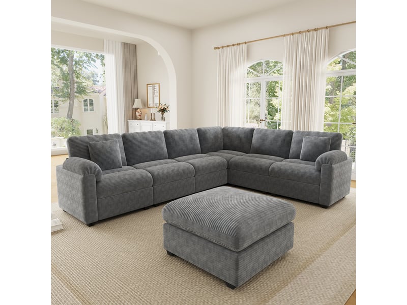  Canapé d angle modulable xxl 7 places 274,5 x 210,5 x 85,5 cm en u ou l avec pouf séparé coussins assise profonde tissu côtelé structure solide gris BUYDEEMEUS - Conforama C