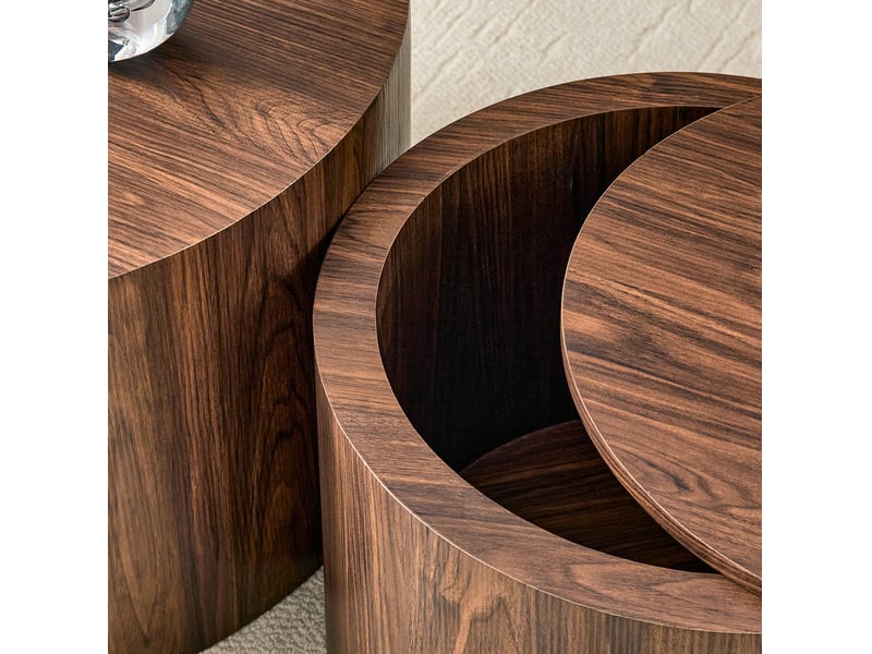 Lot de 2 tables basses rondes gigognes avec rangement mdf noyer  - Conforama B