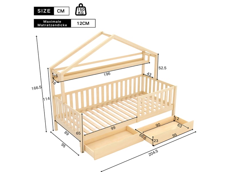  Lit cabane pour enfant 90x200 cm avec tiroirs, bois massif avec sommier à lattes, pour chambre d'enfant ou d'adolescent Fay Lum - Conforama C