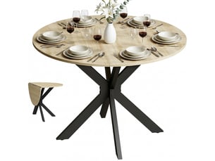 Table à manger pliable, table de cuisine mdf, acier, couleur bois naturel 110x110x76cm