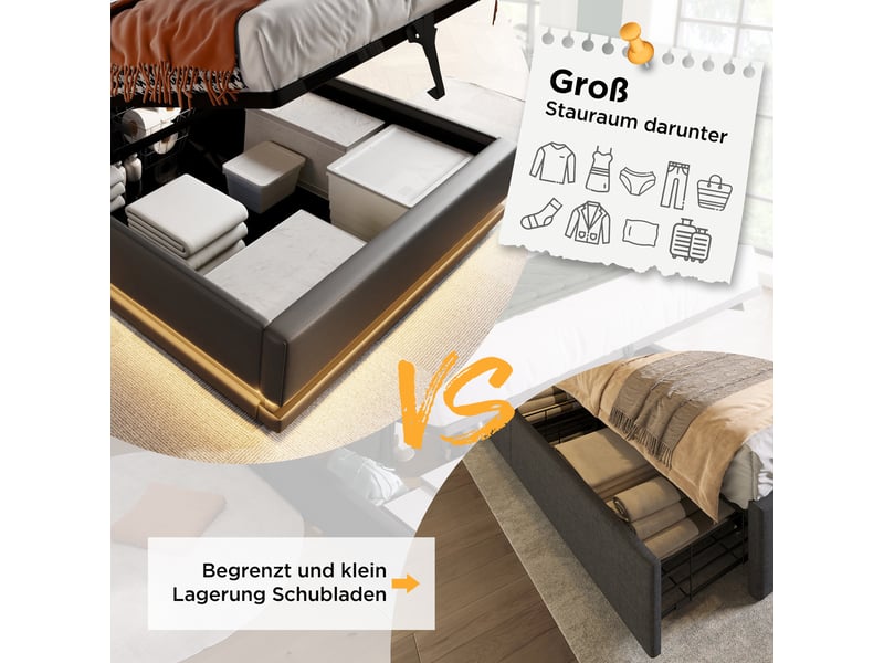  Lit simple 90x200 cm coton led tête de lit rembourré avec fonction de chargement usb type-c lit de rangement hydraulique,beige  - Conforama D