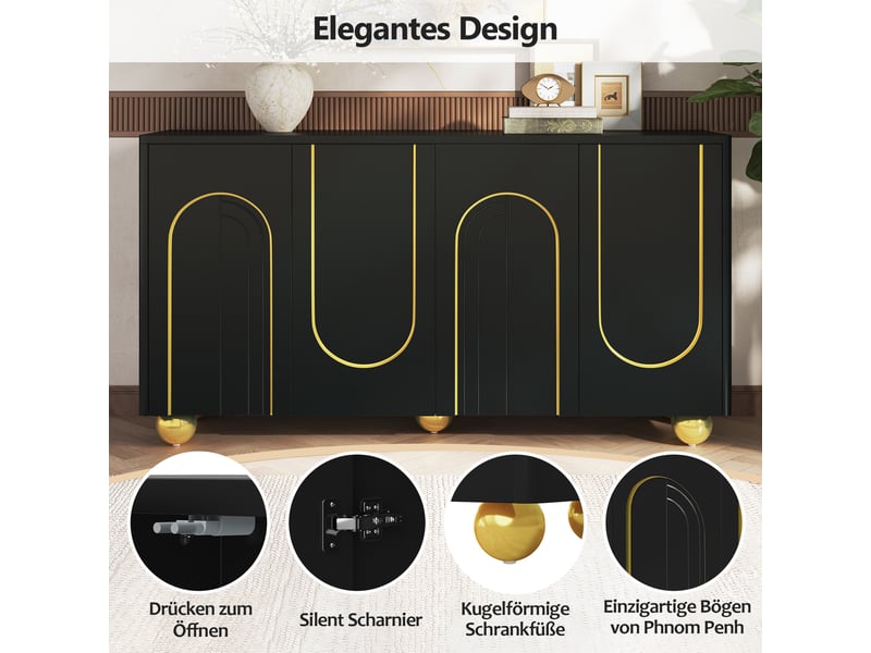 Buffet 4 portes avec rangement et charnières amorties - lpospi - pieds métal dorés mdf et panneaux de particules noir - Conforama E