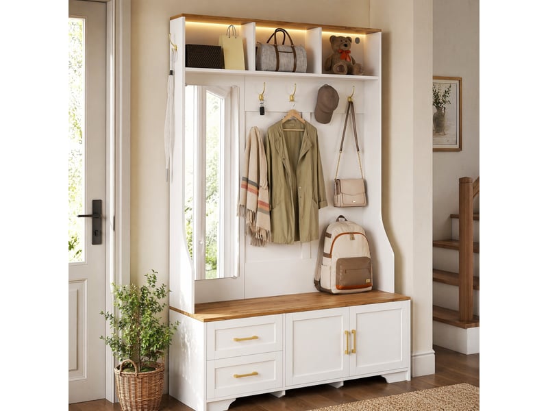  Meuble d'entrée avec miroir, led, crochets, tiroirs, portes et assise, pour chaussures, blanc et bois, 120 × 40 × 187 cm  - Conforama B