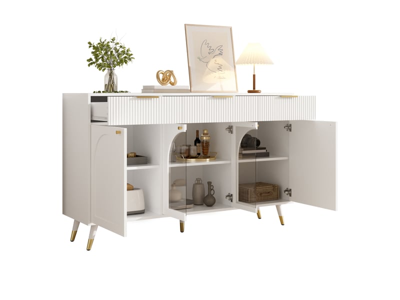  Buffet bas 140 x 40 x 85,5 cm avec 4 portes et 3 tiroirs, inserts en acrylique transparent, poignées en métal, pieds en bois, blanc  - Conforama A
