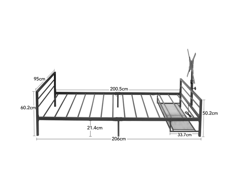  Lit gaming 90 x 200 cm noir en métal, support de moniteur réglable, led et panier de rangement  - Conforama C