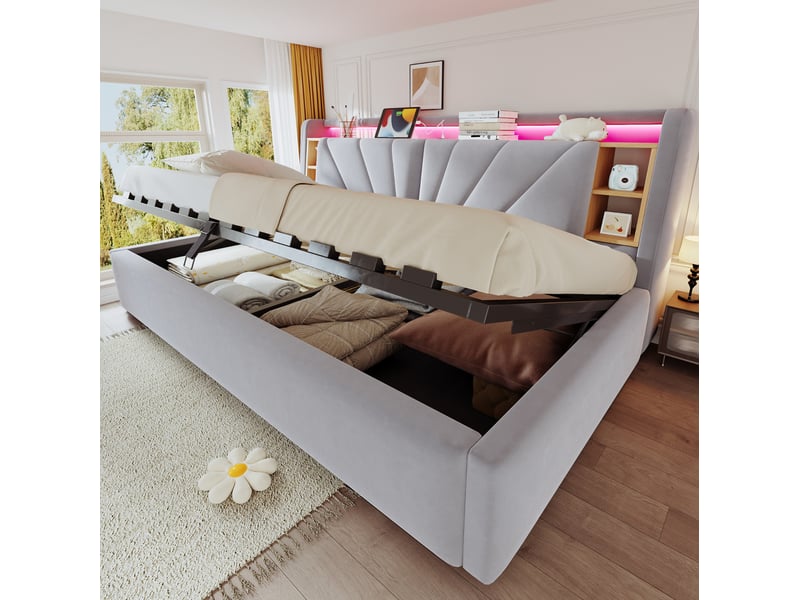  Lit coffre canapé 90x200 cm, rangement hydraulique, led, usb, velours gris clair,  sans matelas  - Conforama B