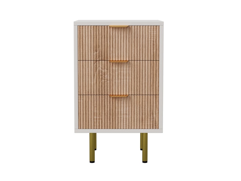 Lot de 2 tables de chevet, 40x40x65cm, avec 3 tiroirs de rangement, panneaux cannelés, en bois et métal, style moderne, blanc et bois - Conforama D