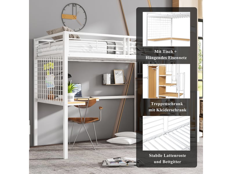  Lit mezzanine 90x200 cm avec rangement, blanc et naturel  - Conforama E