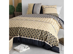 Parure housse de couette 240x220cm + 2 taies motif géométrique beige et noir 100% coton - melusine