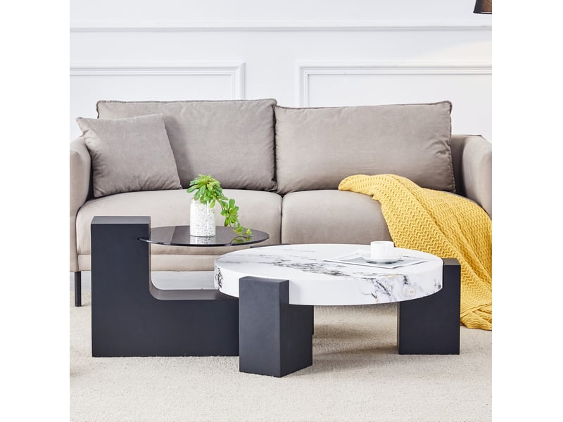  Tables basses rondes gigognes 61x30+44x39 cm, table d'appoint, plateau effet marbre mdf et verre, salon, blanc et noir  - Conforama D