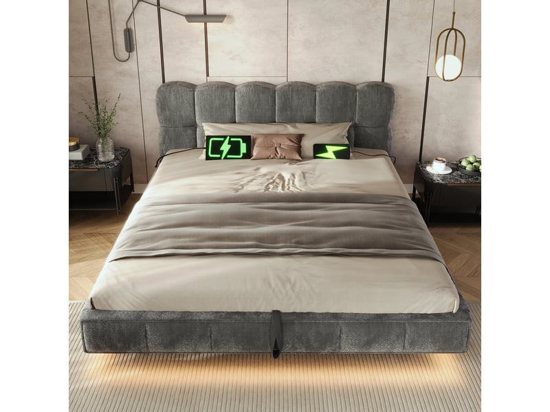  Lit coffre 140x200 cm avec rangement hydraulique, led, usbtype-c, sommier à lattes, design bubble en chenille, gris, sans matelas  - Conforama D