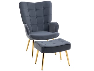 Fauteuil avec repose-pied en velours capitonné dossier haut pieds dorés gris foncé