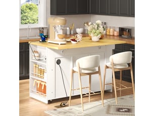 Îlot de cuisine mobile 130x50(80) cm avec espace de rangement, plateau rabattable, prises usb, 3 tiroirs, étagères latérales, roulettes - blanc et bois