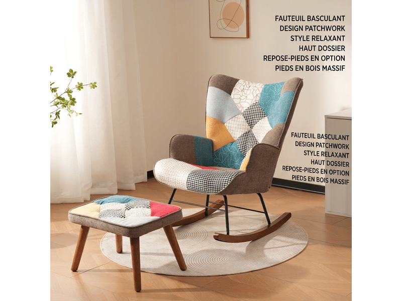  Fauteuil à bascule avec repose-pieds patchwork coloré pieds bois  - Conforama B