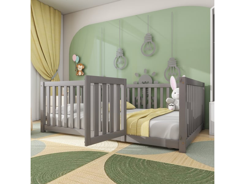  Lit montessori au sol 140x200 cm avec barrière et porte, lit enfant parc de jeu, sans sommier, pin, contreplaqué et mdf, gris  - Conforama E