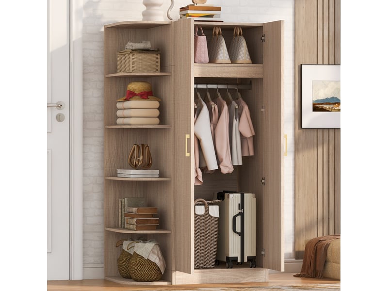  Armoire 2 portes 90 x 55 x 170 cm en mdf bois clair, rangements ouverts, tiroirs et penderie spacieuse  - Conforama B