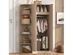 Armoire 2 portes 90 x 55 x 170 cm en mdf bois clair, rangements ouverts, tiroirs et penderie spacieuse