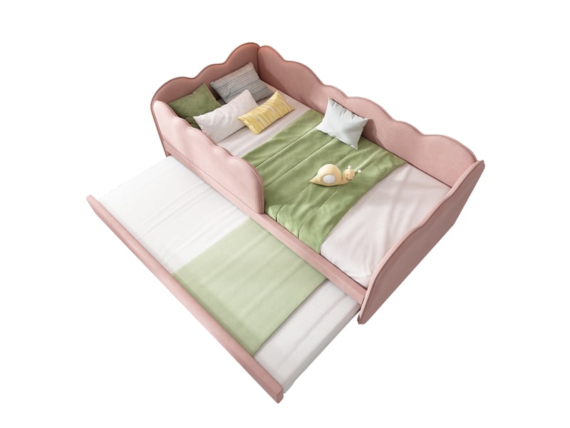  Lit gigogne enfant 90 × 190 cm 1 place avec barrière amovible et lit tiroir, sans matelas, en velours, rose  - Conforama E