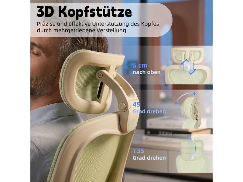  Chaise de bureau ergonomique pliable verte, dossier en maille et appui-tête 3d  - Conforama E