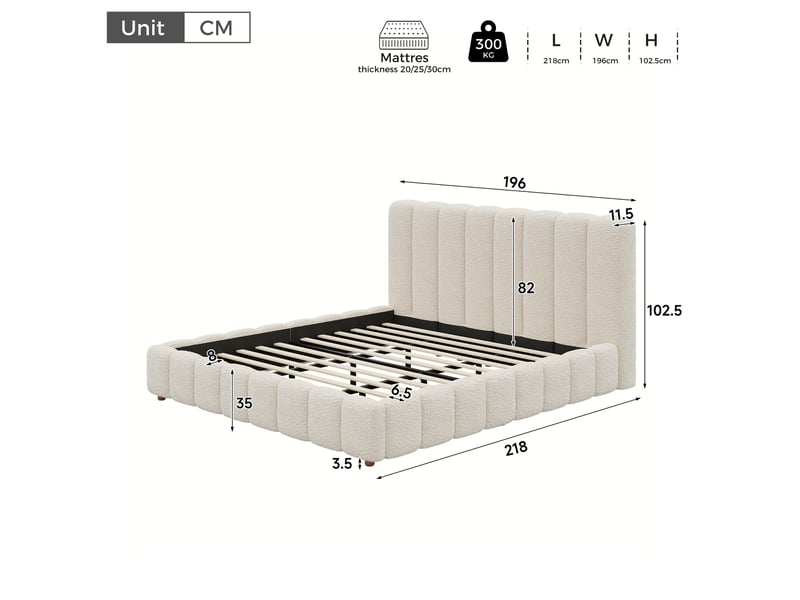  Lit double 180×200 cm tête de lit rembourrée, pieds en bois massif  - sans matelas, tissu bouclé blanc  - Conforama D