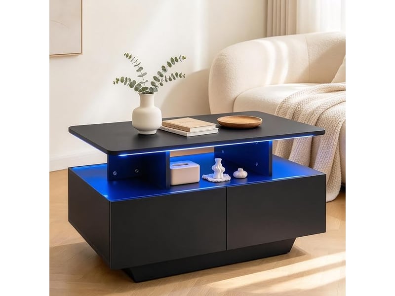 Table basse rectangulaire, meuble de rangement avec led, noir mat - Conforama B