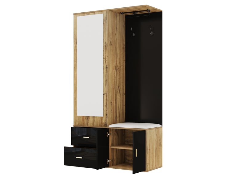 Armoire avec 2 portes,2 tiroirs,miroir,crochets,tringle à vêtements extensible,meuble à chaussures et banc à chaussures,noir+naturel armoire noir - Conforama E