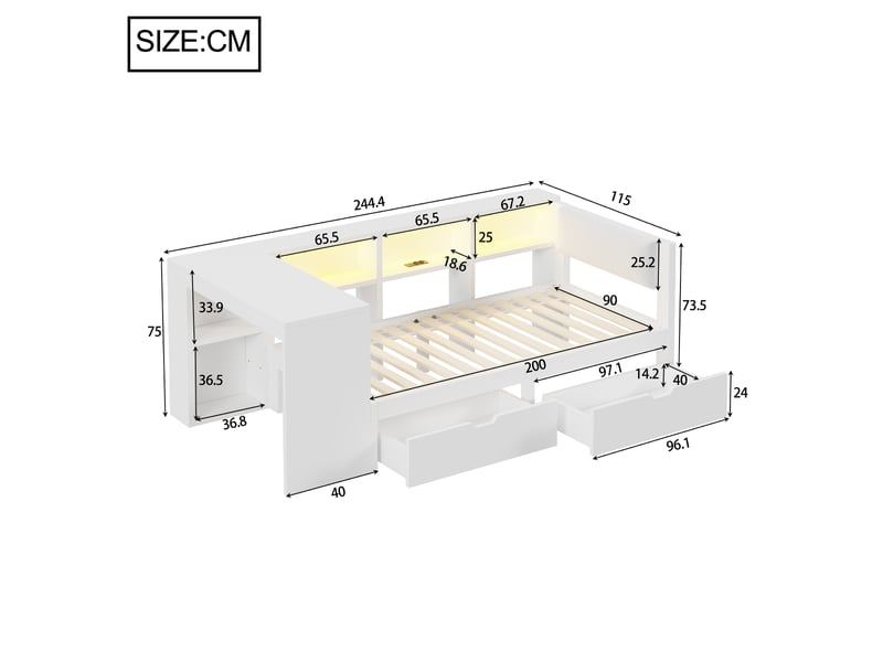  Lit avec rangement 90x200cm coloris blanc mdf led lit enfant blanc - Conforama C