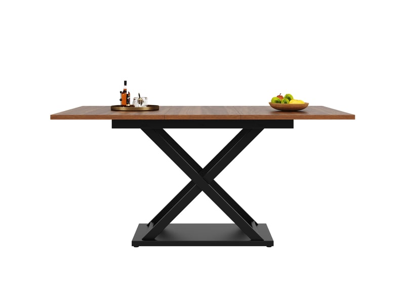 Table à manger extensible 120-160x80x75cm, style croisé, panneau aggloméré et structure métallique finition noyer noir, meuble moderne pour cuisine et salon - Conforama A