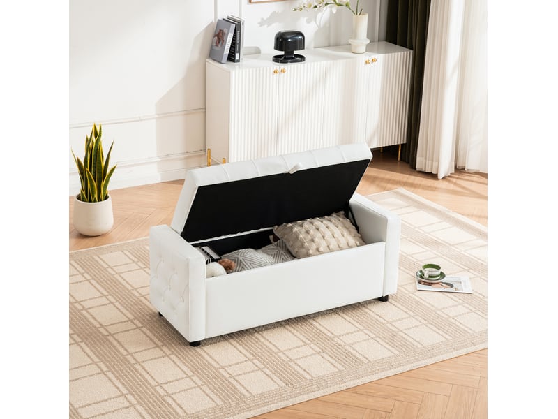  Banc coffre banc de lit 122x45x47 cm, rangement intégré, assise confortable, similicuir, meuble chambre et salon, blanc  - Conforama E
