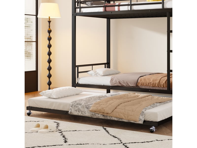  Lit pour enfants et ados, structure en métal noir, 90x200cm et 90x190cm, avec tiroir-lit et quatre garde-corps  - Conforama E