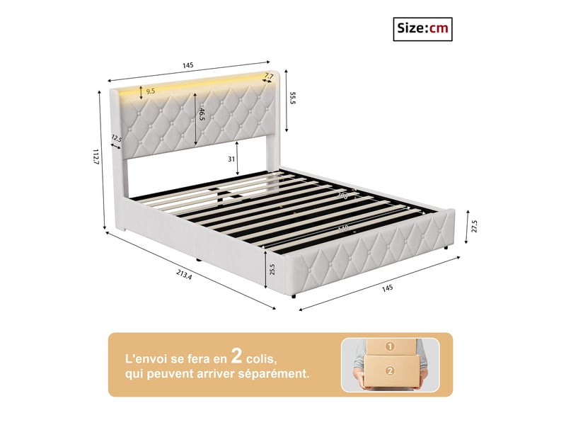  Lit double 140×200 cm  –  lit coffre – rangement hydraulique xxl – éclairage led rgb – port usbtype‑c  –  velours beige  - Conforama C