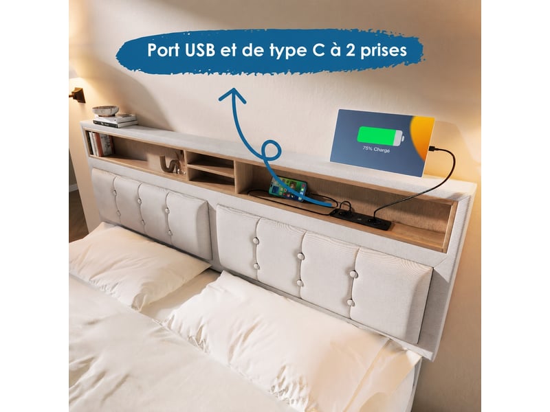  Lit coffre rembourré avec matelas 7 zones, prises usb et type-c, beige 140x200  - Conforama D