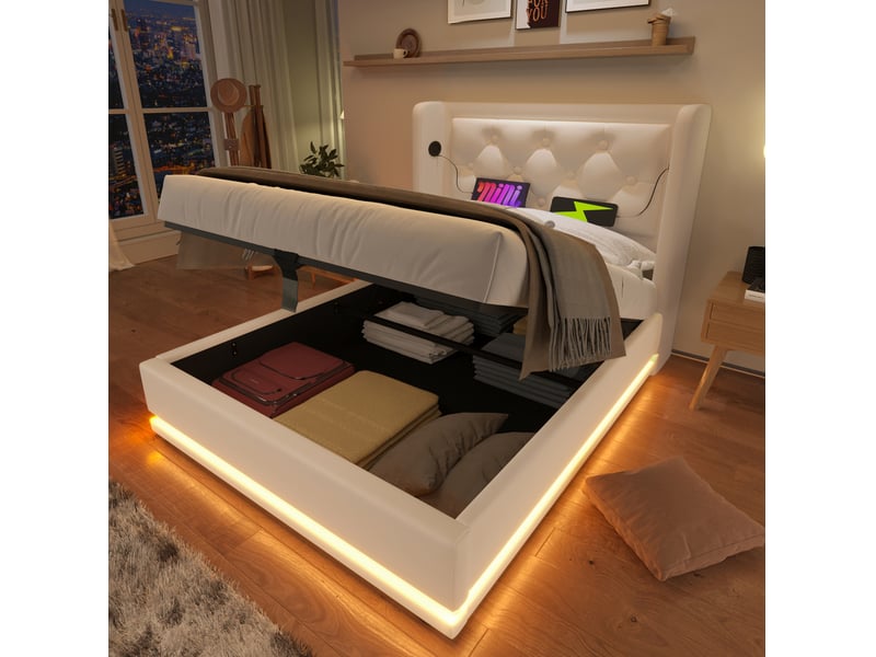  Lit coffre adulte 90x200 cm – blanc – rangement hydraulique, led 3 côtés, usb-c, avec matelas h3  - Conforama B