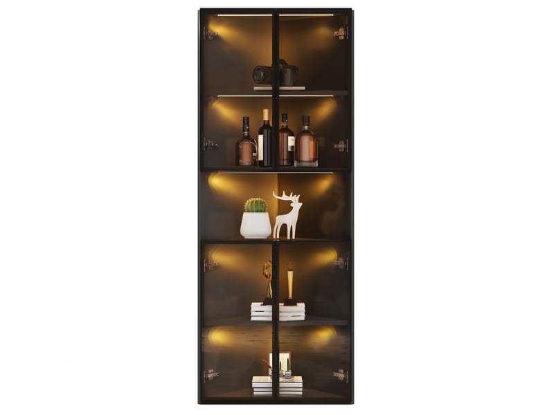  Vitrine d'angle noire 62x32x160cm, vitrine avec éclairage led jaune chaud, meuble de présentation en verre trempé pour salon.  - Conforama R