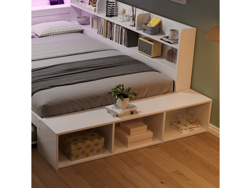 Lit gigogne led avec recharge 120 × 200 cm blanc et lit 90 × 190 cm, rangements et banc IKSETERA TRADING LTD - Conforama R