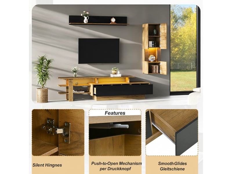  Meuble tv mural design 3 pcs led salon noir et bois naturel, 1 meuble tv 3 tiroirs, 1 vitrine, 1 étagère, tv jusqu'à 80 pouces  - Conforama W