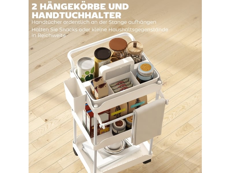  Desserte de rangement 42x42,5x76 cm, avec 3 paniers, porte-serviette et poignée, en métal, en plastique, couleur blanc  - Conforama E