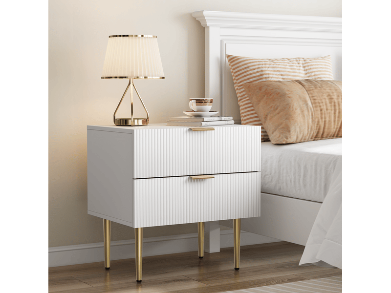  Table de chevet 2 tiroirs 53x41,5x52,5 cm, chevet chambre moderne, meuble nuit blanc, pieds métal, rangement, mdf blanc  - Conforama B