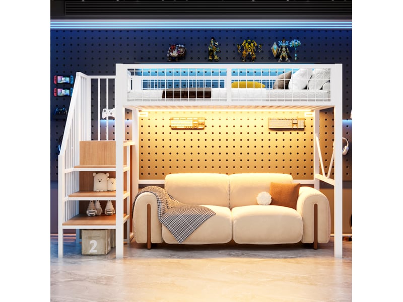  Lit mezzanine 90x200 cm en métal blanc avec échelle de rangement et led  - Conforama D