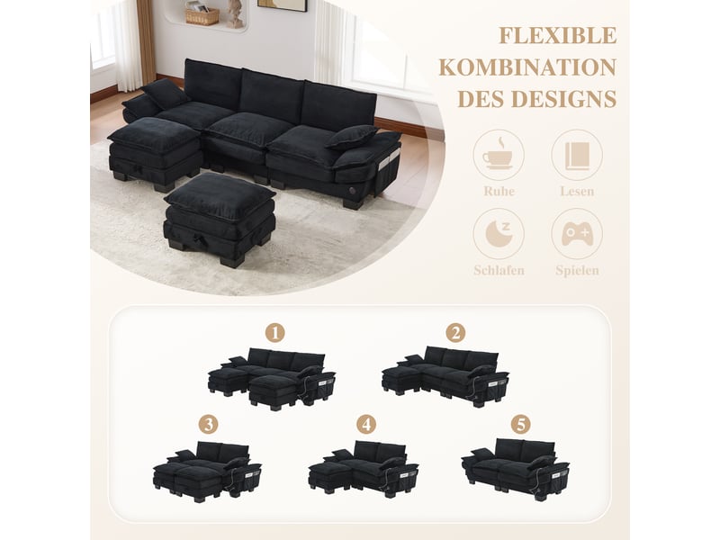 Canapé d'angle panoramique fixe 3 places tissu noir - Conforama E