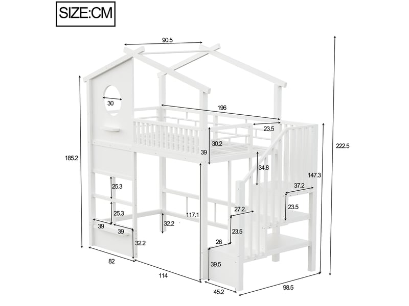  Lit mezzanine 90x200 cm avec bande led et escalier avec rangements intégrés, métal, coloris blanc vendu sans matelas  - Conforama C