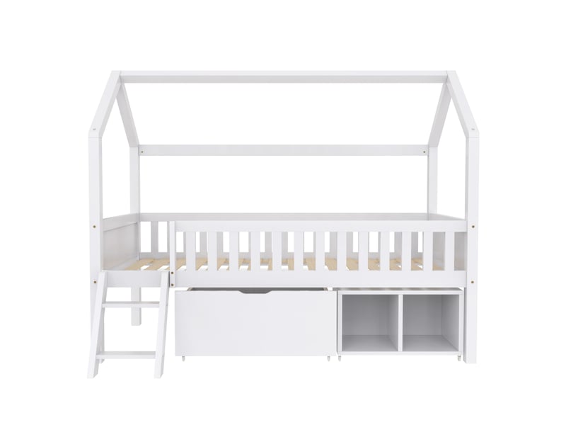  Lit cabane, lit enfant, lit ado 200x90 avec tiroirs et rangements, convient aux filles et aux garçons, avec barrière anti-chute, blanc  - Conforama D