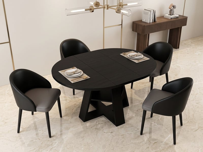  Ensemble table et 4 chaises de salle à manger – table ronde extensible 110/150x110 cm – chaises ergonomiques simili cuir noir, assise maille grise respirante  - Conforama B