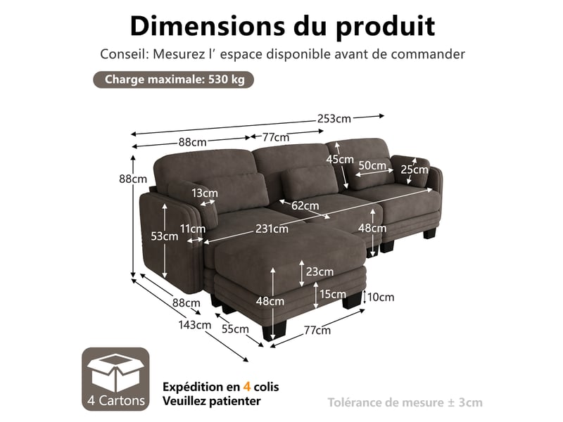  Canapé d’angle modulaire 3 places en chenille marron avec ottomane  - Conforama C