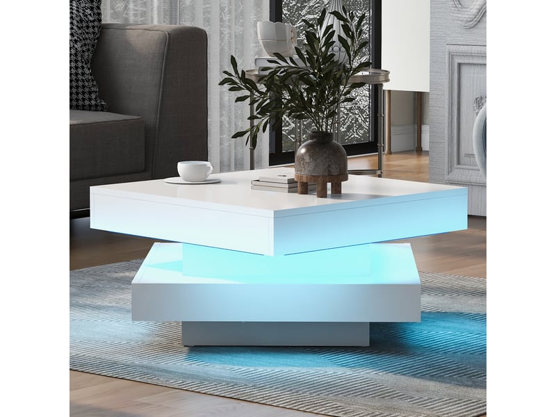  Table basse led 70x70x36 cm avec plateau rotatif à 360°, table de salon carrée alimentée par usb, style high-tech et finition haute brillance, blanc Seren Glow - Conforama B