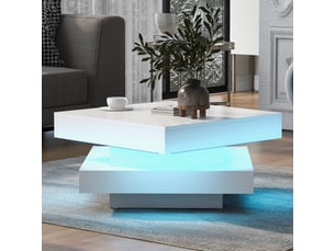 Table basse led 70x70x36 cm avec plateau rotatif à 360°, table de salon carrée alimentée par usb, style high-tech et finition haute brillance, blanc