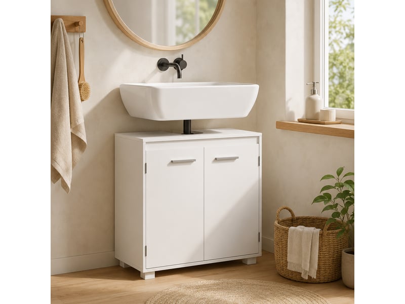  Meuble sous lavabo blanc 60 cm, découpe en u et étagère réglable sur 3 niveaux  - Conforama C