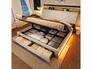 Lit coffre 180x200 cm, lit double, rangement hydraulique, led, lin beige, usb et usb-c