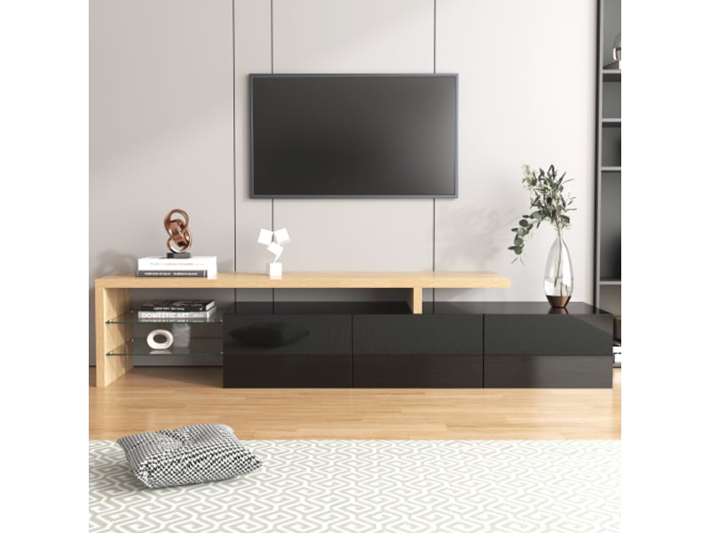  Meuble tv moderne - élégance raffinée, espace de rangement pratique, noir brillant, aspect bois, étagères en verre, éclairage led  - Conforama B